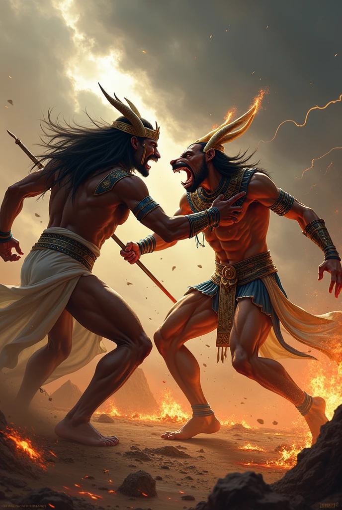 Dark Egyptian god and other Egyptian god wearing god armour fighting eachother with clashing each other swords on Sandy battlefield and dead bodies of the Egyptian army are lying scattered
Dark clouds thundering in sky and ground shattered around them