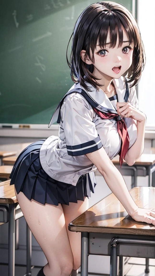 highest quality、cinematic lighting、black hair、high school girl、school classroom、panties、sweat、full of sweat、spread your legs、Standing on one leg and opening legs、half naked、Maid underwear、angry face、