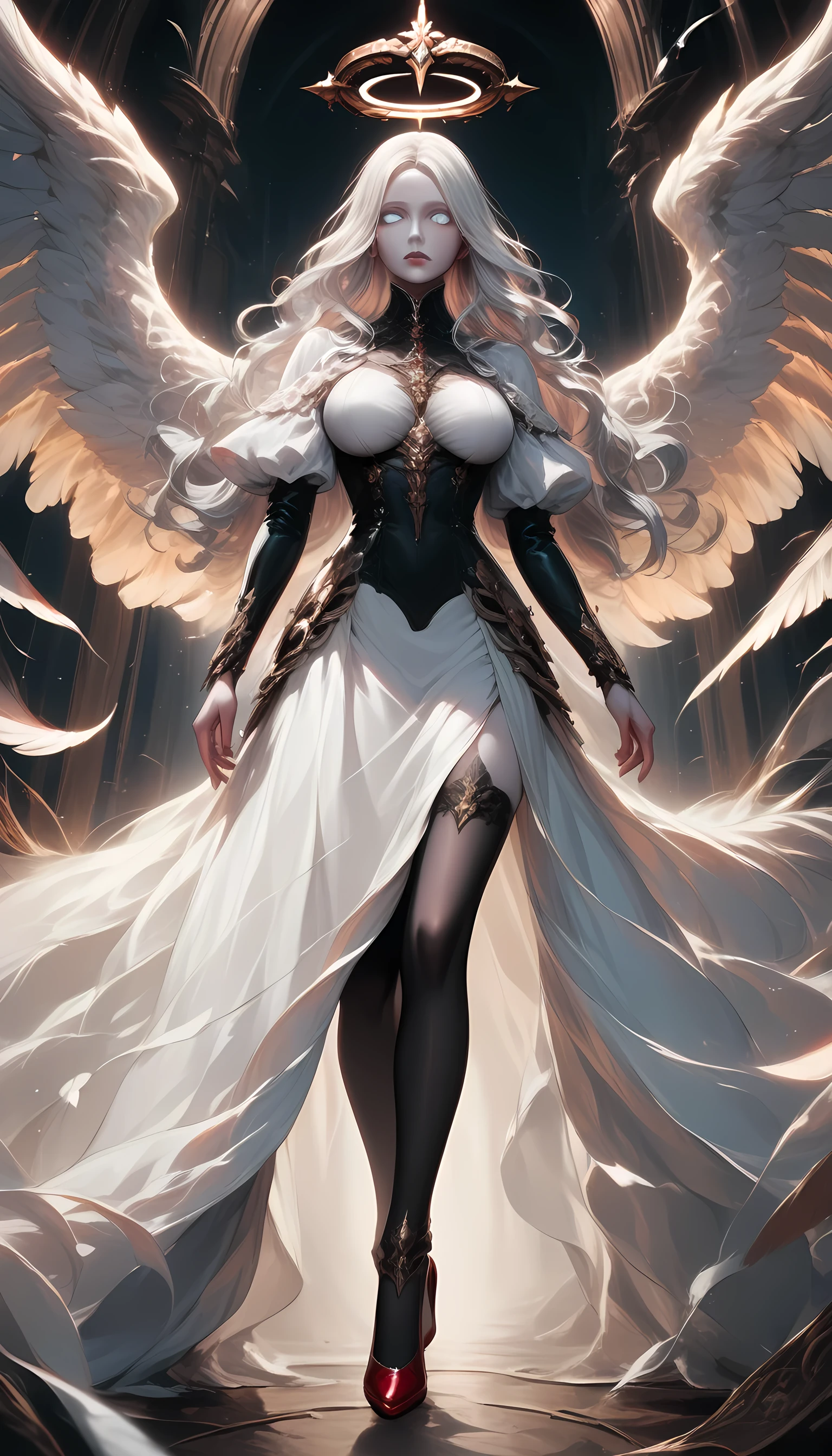 score_9, score_8_up, score_7_up, score_6_up, score_5_up, score_4_up,  a magnificent  female angel, busty long hair, dynamic hair color, long hair, wavy hair, shining blue eyes, ultra detailed face, best detailed face, white wings, wearing intricate elegant black leather dress, wearing ((red high heels: 1.5)), wings have angel wings angel, pale skin, angel wings, wings, white wings, white hair, white eyes, glowing eyes, white dress with golden pattern, Halo, fantasy,  black latex corsage, black stockings,