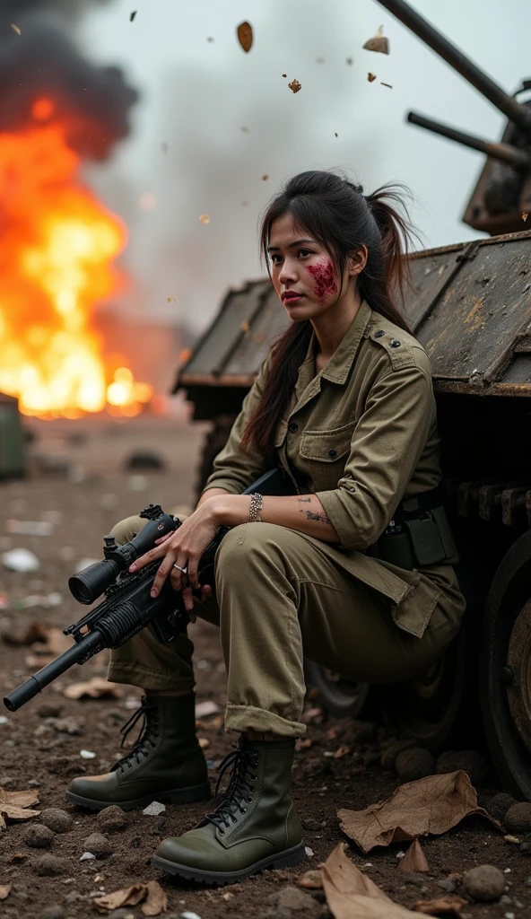 A badly wounded female soldier sits leaning against the side of a battle-worn tank, rifle in hand. Amid the intense battle, flames and smoke from nearby explosions fill the chaotic area, casting a bright red glow over the devastation. Debris flies through the air as she nimbly maneuvers, a stained face of determination. In the midst of this turbulent war, she stands firm.