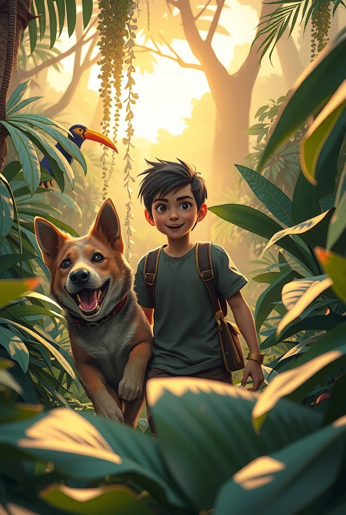 Jack(brave boy) and Spark(dog)  in the jungle