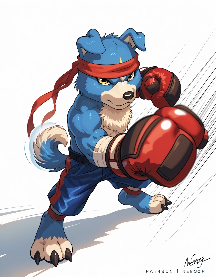 source_anime, gaomon (character), digimon (creature), dog boy, blue body, headband, yellow eyes, boxing gloves, white background, detailed, (cel shaded, flat colors):1.5, full body, motion blur, speed lines, by wfa, by negger, punching at viewer, boxing shorts, muscular, muscular arms, looking at viewer