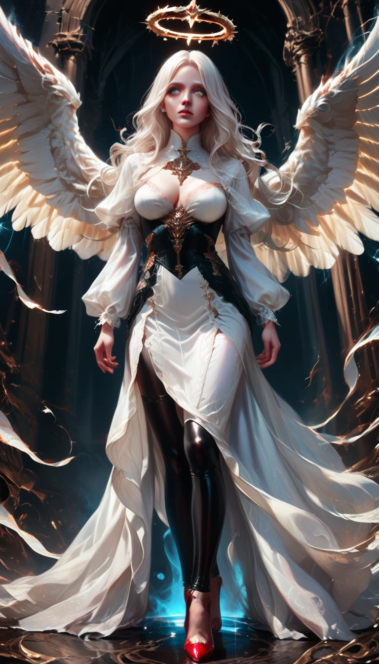 score_9, score_8_up, score_7_up, score_6_up, score_5_up, score_4_up,  a magnificent  female angel, busty long hair, dynamic hair color, long hair, wavy hair, shining blue eyes, ultra detailed face, best detailed face, white wings, wearing intricate elegant black leather dress, wearing ((red high heels: 1.5)), wings have angel wings angel, pale skin, angel wings, wings, white wings, white hair, white eyes, glowing eyes, white dress with golden pattern, Halo, fantasy,  black latex corsage, black stockings,