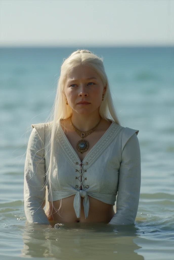 Emma d'arcy,pale blonde hair, midriff tied white shirt, emerging from the sea 