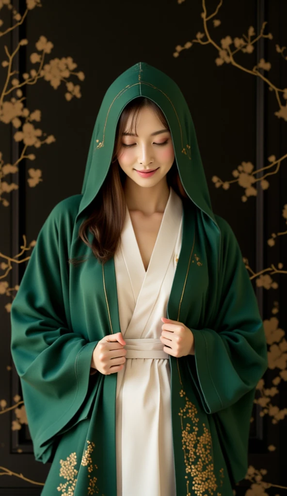 A stunning portrait of an Asian woman wearing a deep green silk haori with golden embroidery. The robe's hood is pulled very deeply over her head, completely covering her forehead and casting shadows over her face, while draping elegantly over her shoulders. Underneath the robe, she wears a traditional white kimono visible at the neckline and sleeves. She is looking downward with a content expression, her head slightly bowed, adding a sense of mystery and calm. 

The background is a gorgeous, black serene wall with subtle and glorious artistic Japanese-inspired patterns and soft light effects, enhancing the graceful and tranquil atmosphere.