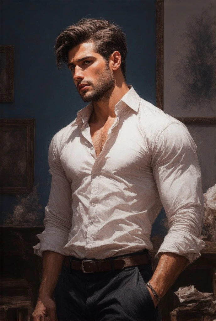 A handsome muscular man in the office, looking out the window, wearing white shirt, soft oil painting midjourney style, dark lighting, high contrast, dramatic lighting, close up showing head to torso, realistic home decor in the background