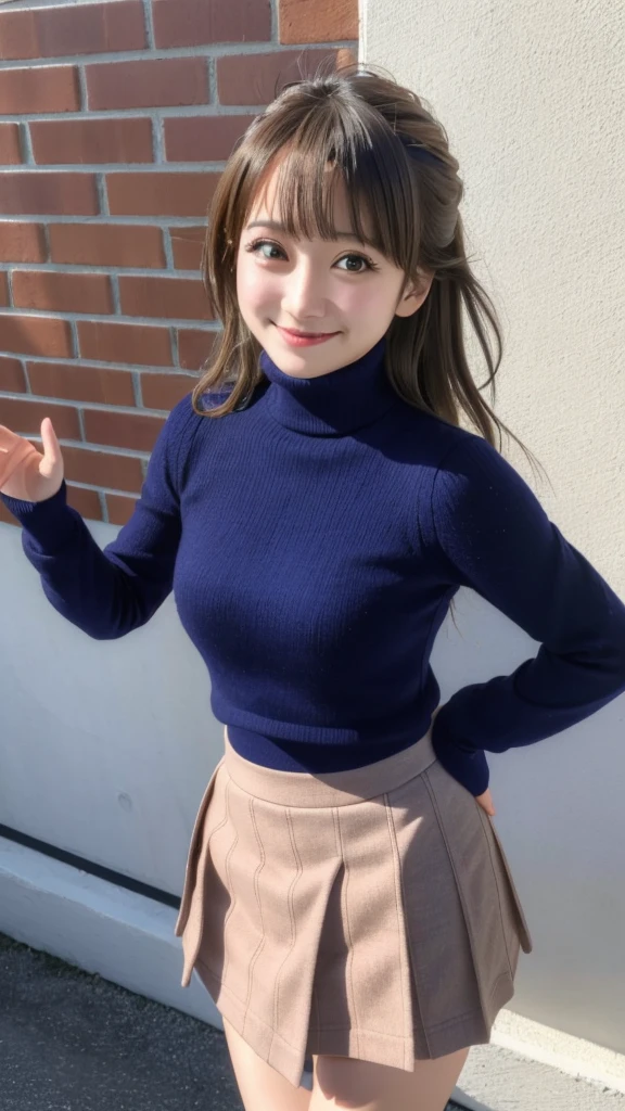 pixel perfect, Perfect in every detail, alone, 1 girl, Saten Ruiko, medium breasts,wave hair,turtleneck,,mini skirt,smile,stylish pose,stylish angle,looking at the viewer,in the center of the image,alone,