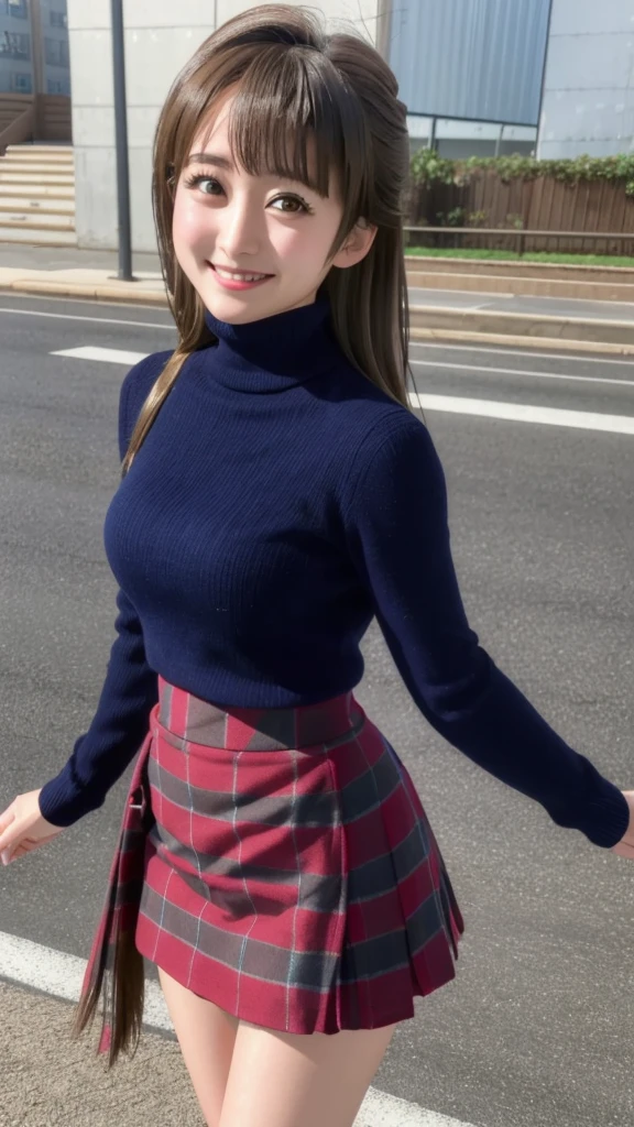 pixel perfect, Perfect in every detail, alone, 1 girl, Saten Ruiko, medium breasts,wave hair,turtleneck,,mini skirt,smile,stylish pose,stylish angle,looking at the viewer,in the center of the image,alone,