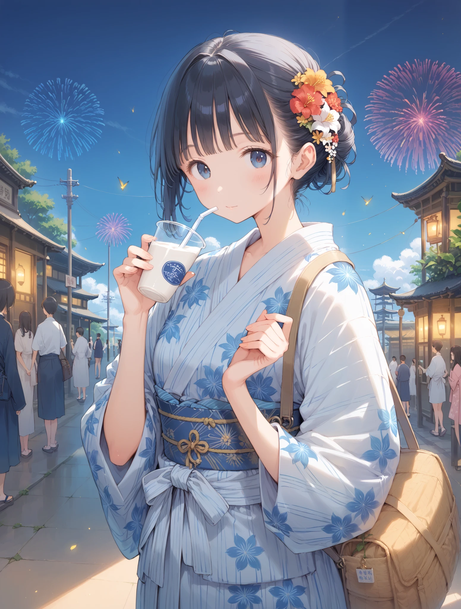 Royal milk tea scent, cute illustration, drawstring bag, a casual cotton kimono, A lady with beautiful hands, obi belt, fireworks, beautiful art, Universe, Firefly light, beautiful lady, In the clear air, points and lines, The pattern of the yukata gives a scientific, impression, Erroll Louis Garner's music in the background, variety of patterns, Lady in yukata, hair ornament, shadow blue illustration, cerulean blue illustration, egyptian blue illustration, yukata, Physical, summer season, Illustration with capri blue as the main color, Geometric pattern, Stylish geta, lily, intersection