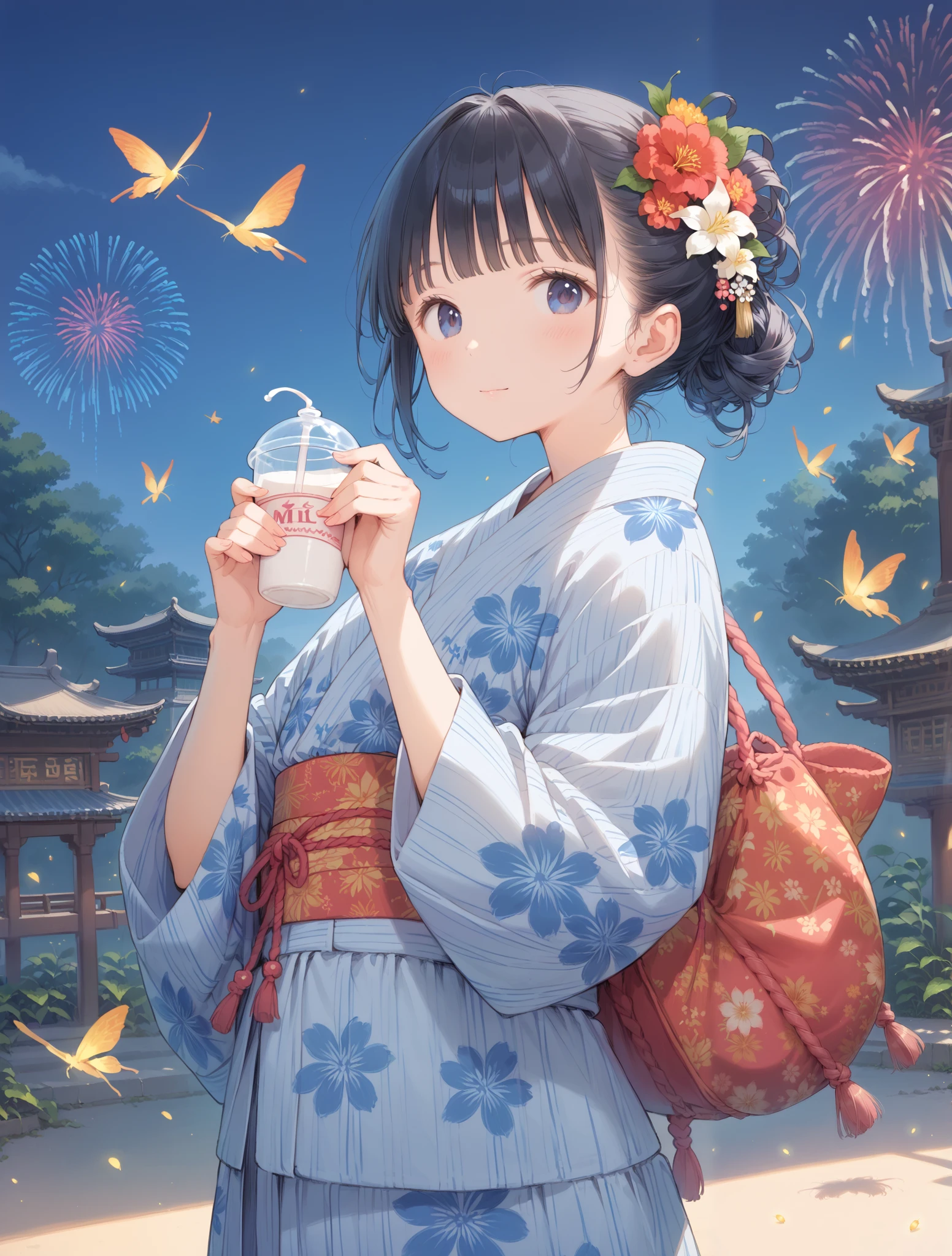 Royal milk tea scent, cute illustration, drawstring bag, a casual cotton kimono, A lady with beautiful hands, obi belt, fireworks, beautiful art, Universe, Firefly light, beautiful lady, In the clear air, points and lines, The pattern of the yukata gives a scientific, impression, Erroll Louis Garner's music in the background, variety of patterns, Lady in yukata, hair ornament, shadow blue illustration, cerulean blue illustration, egyptian blue illustration, yukata, Physical, summer season, Illustration with capri blue as the main color, Geometric pattern, Stylish geta, lily, intersection