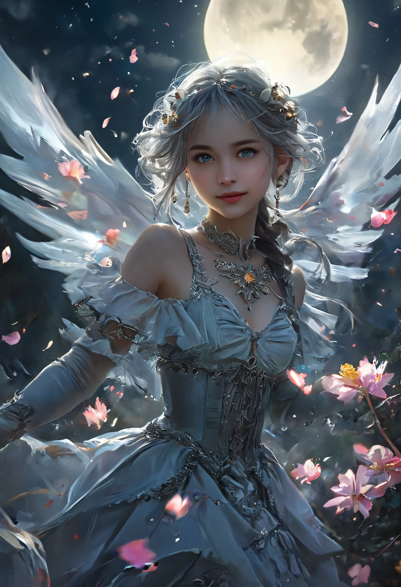 masterpiece, top quality, 1 girl, ( colorful ),( Beautiful eyes and exquisite face with attention to detail ),cinematic lighting,Bust, highly detailed CG unity 8k wallpaper,Gray Hair,Alone,smile, Intricate Skirts ,(( flying petals)),(Flowery Ranch ) null, cloudy_null, Building , moonlight, moon, knight , ( dark theme :1.3), light, fantasy,