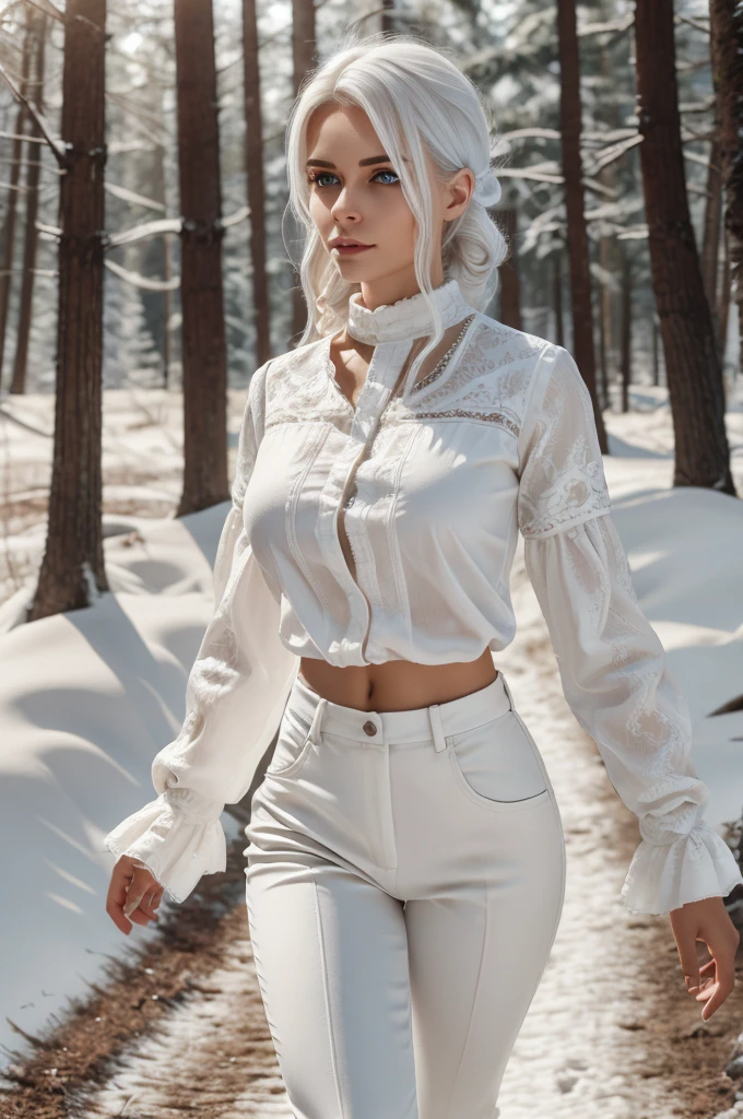 best quality, 8k, very delicate and beautiful, highly detailed face and skin texture, shiny skin, high resolution, sexy white hair european woman in white long sleeves shirt and pants walking in the forest under the snow, sharp focus
