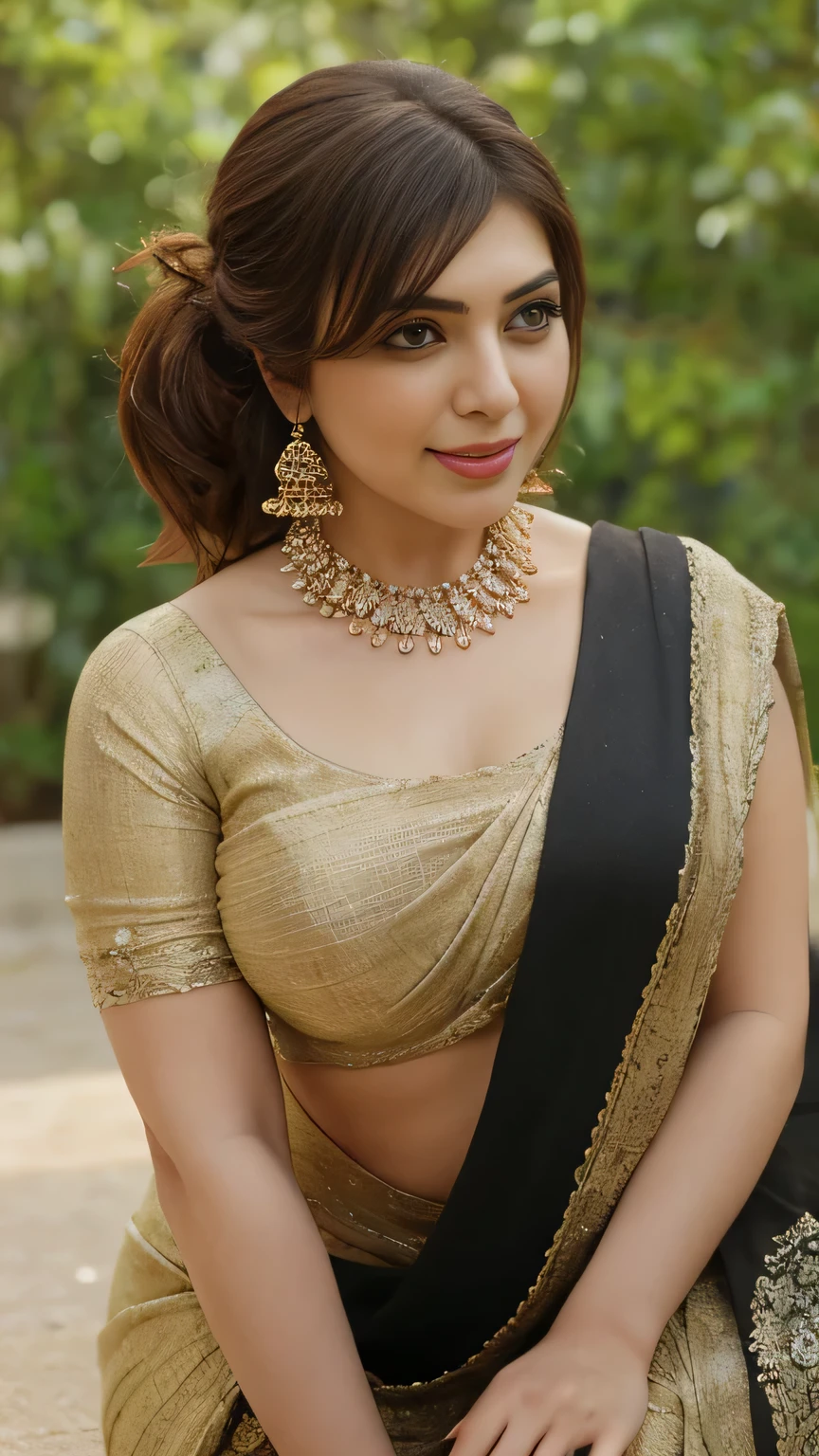 Create a portrait of a bold and confident Hansika motwani with a curvy figure, in daytime view, close up shot of top view, wearing saree, hand behind head, sit ground, looking to viewers, smile, forest background, big and curvy cheeks, hourglass figure, sexy navel, swooping breasts, ponytail, black hair, necklace, (cinematic:1.3) , intricate details, (ArtStation:1.2),curvy figure, beautiful face, details eyes, details face, no extra hand or legs, different angle, proper picture, beautiful face, details eyes, perfect figure