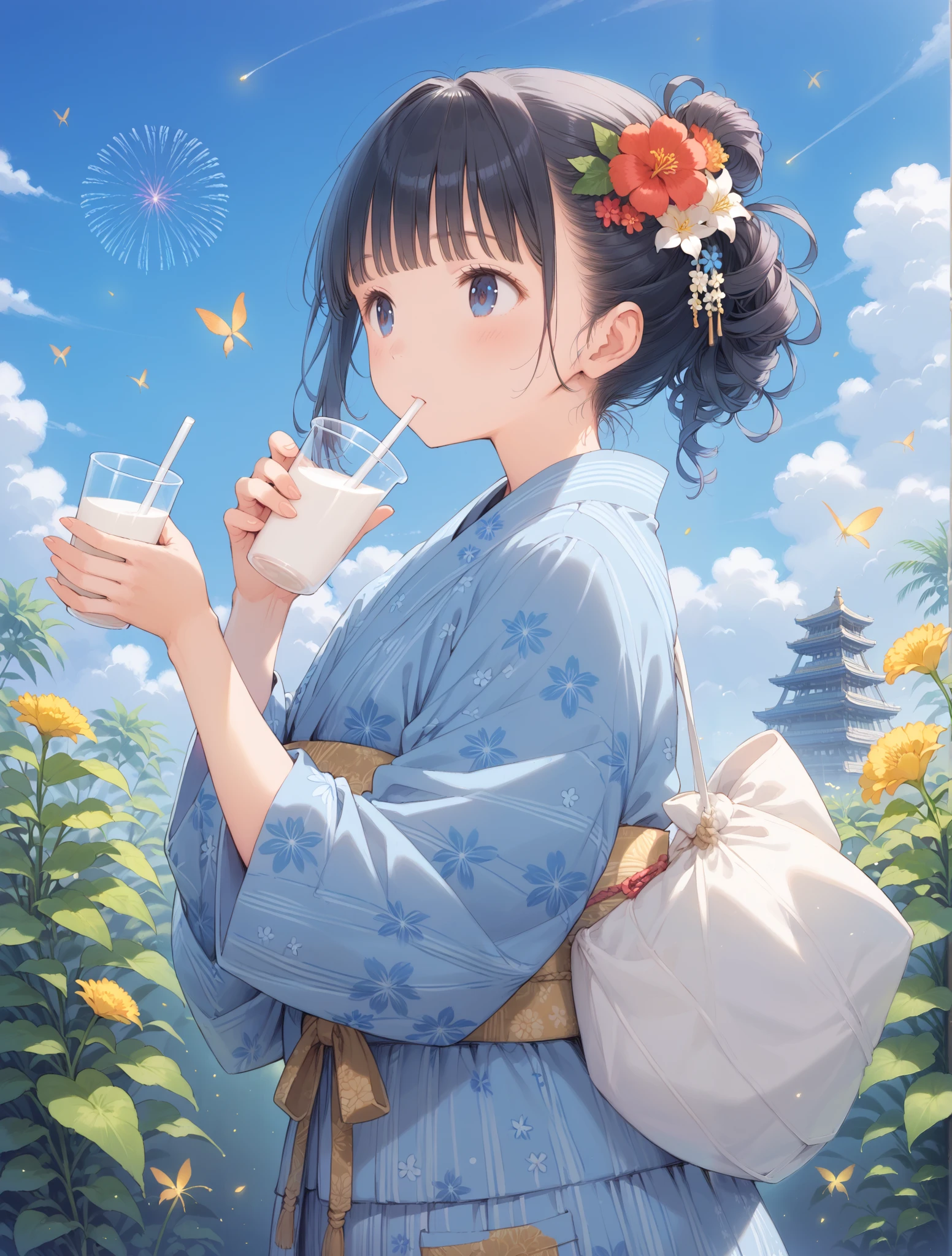 Royal milk tea scent, cute illustration, drawstring bag, a casual cotton kimono, A lady with beautiful hands, obi belt, fireworks, beautiful art, Universe, Firefly light, beautiful lady, In the clear air, points and lines, The pattern of the yukata gives a scientific, impression, Erroll Louis Garner's music in the background, variety of patterns, Lady in yukata, hair ornament, shadow blue illustration, cerulean blue illustration, egyptian blue illustration, yukata, Physical, summer season, Illustration with capri blue as the main color, Geometric pattern, Stylish geta, lily, intersection