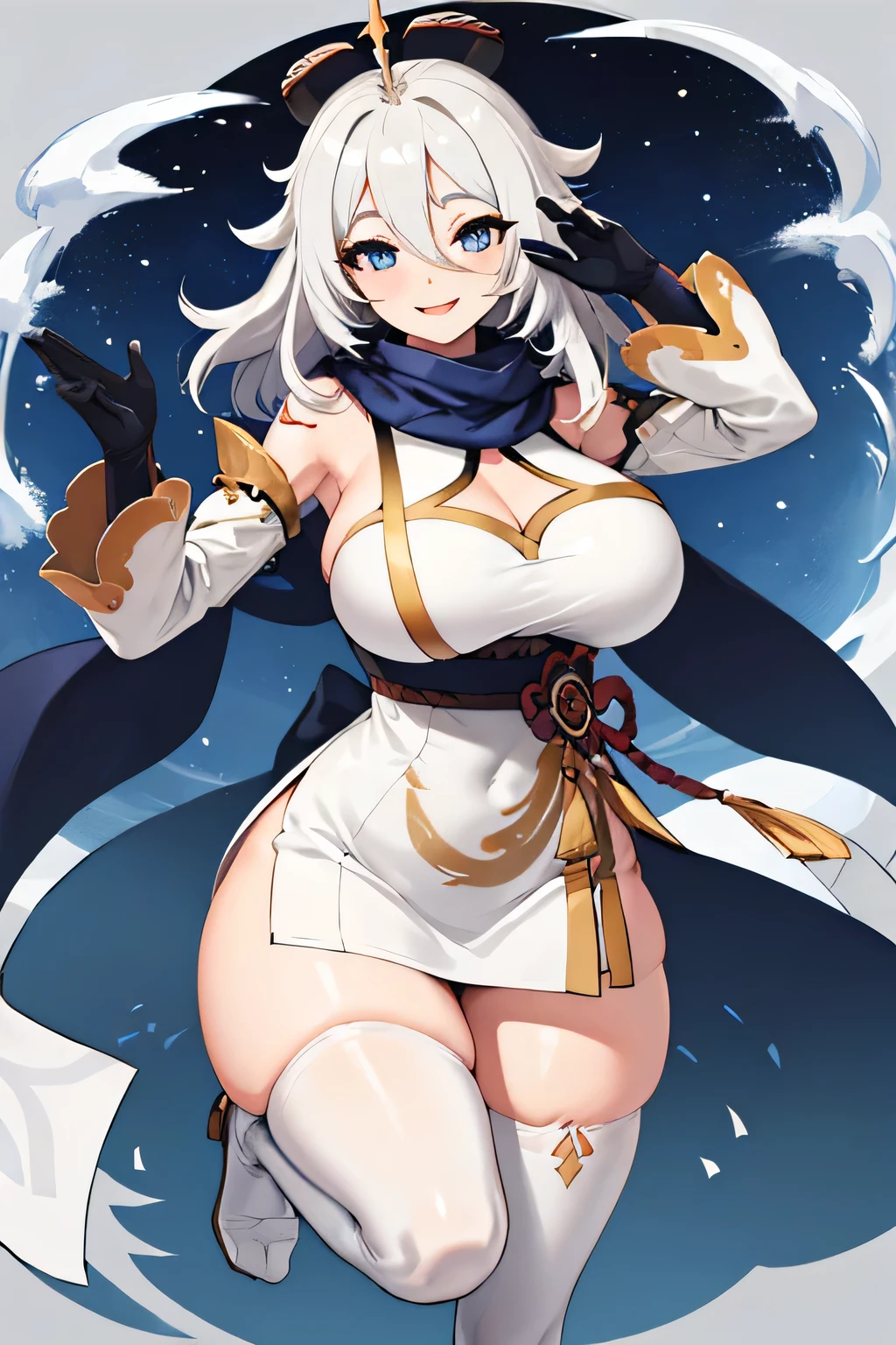 Paimon_Genshin Impact, white dress, white hair, blue eyes,masterpiece, best quality,(gigantic breasts: 1,9), tight outfit, look at viewer, smile ,big feet, black scarf,white thigh high socks,white gloves,long sleeve socks,Blue tattoo on forehead
