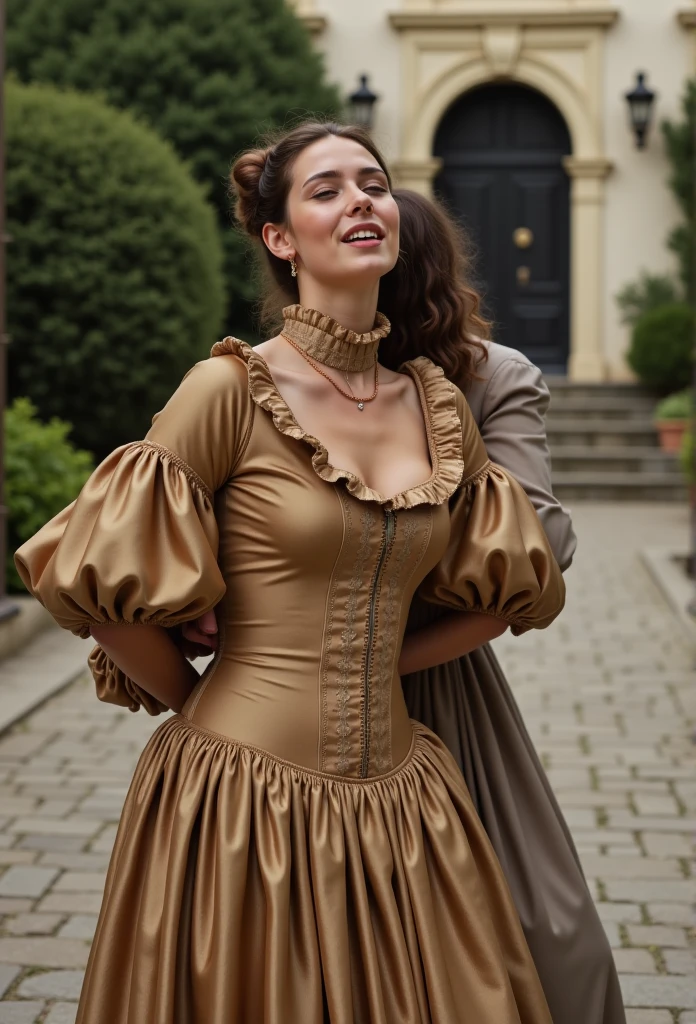 (realistic photograph close up sideways cheerful victorian), (a beautiful looking surprised smiling hot woman having an orgasm with (messy hair bun)), (she is wearing (an exaggerated elaborate shiny high neck dress with (huge puff sleeves), (and a narrow very high reaching up to her cheeks stand-up collar) (with a gigantic ruffle on top of the collar reaching to the top of her head), (she has her arms behind her back)++++, (an other woman is grabbing her by her arms), (and forcing her kneeling and bending down over a big wooden chopping stump in front of her), in a courtyard