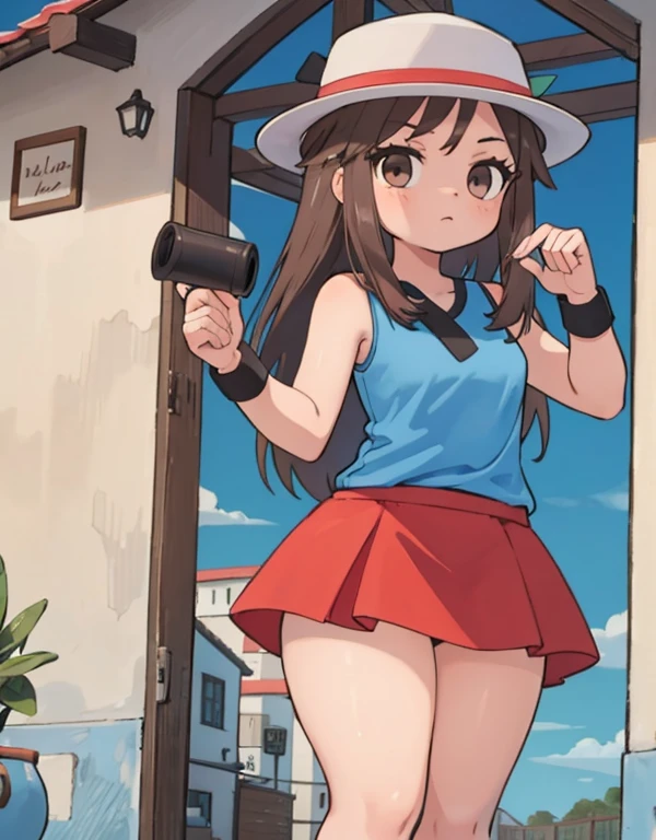 a girl walking through a garden full of beautiful flowers, winking, 1trainerleaf1, sleeveless shirt, black wristbands, visible thighs,thick thighs,red skirt,blue shirt, brown eyes, white hat, white panties, innocent look, His expression reflects joy and happiness, blushing holding a bouquet of flowers, looking to the camera