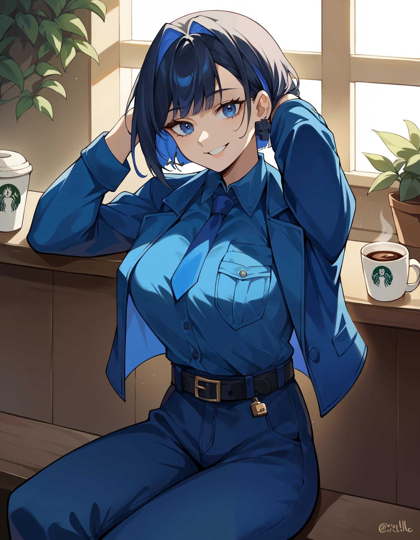 score_9, score_8_up, score_7_up,  source_Anime, ,  blue eyes,  blue hair,  black hair, bangs,  Big Breasts ,  short hair,   hair intake ,  colored inner hair ,,  ( 4th outfit ),  sigillette  , belt, black belt, Blue coat,  blue jacket , blue  ties, blue  pants,  blue shirt ,  blue sleeve , Blue vest, button, Lock, Lock earrings,  collared shirt ,  Long Sleeve ,  ties,  pants,, Cafe, coffee cup, Barista, Sitting, talking,  relax ,   sunlight through the window , smile,  is watching viewers,  turn your hands behind your head,, Alone,,  cowboy shot,  Dutch Angle