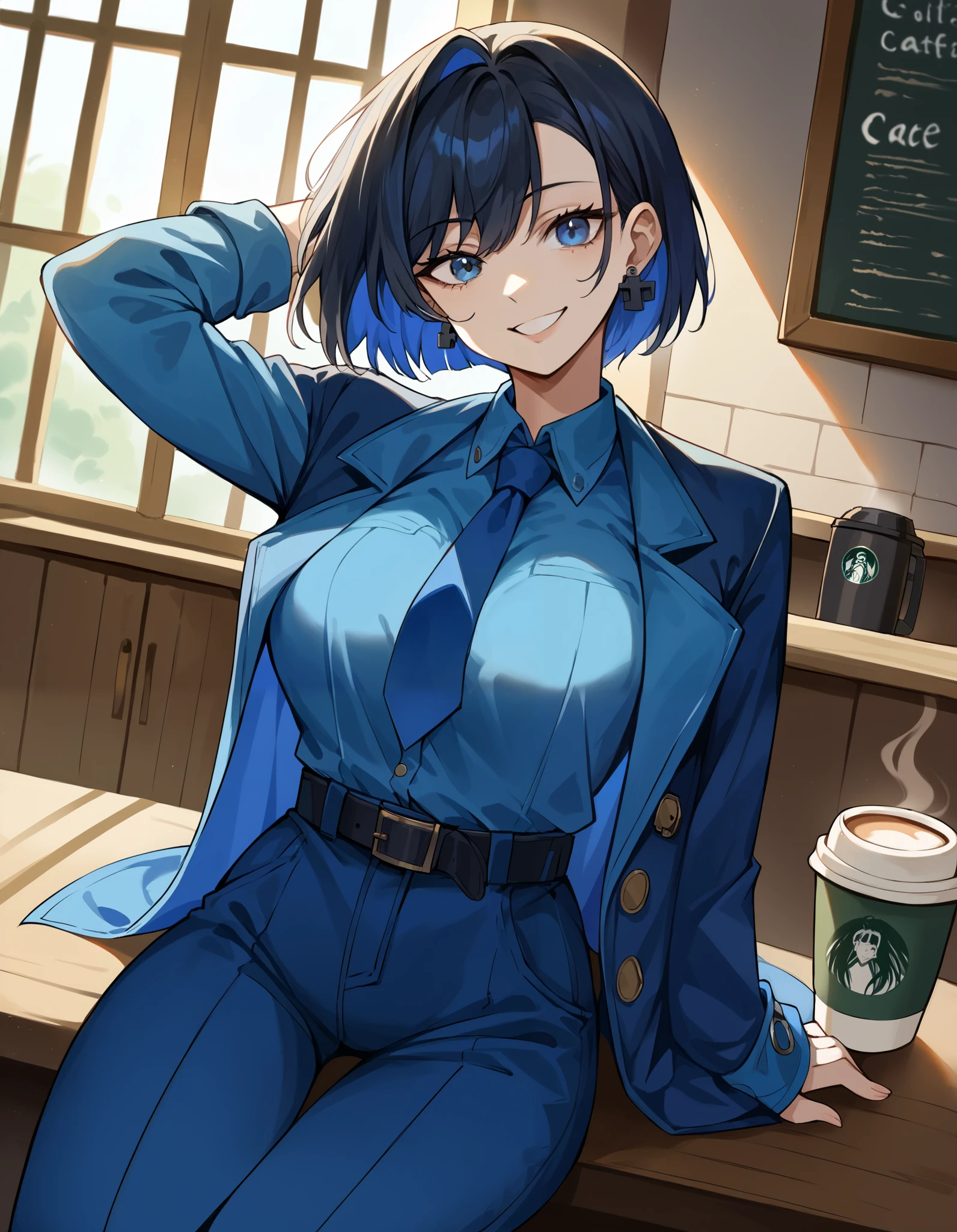 score_9, score_8_up, score_7_up,  source_Anime, ,  blue eyes,  blue hair,  black hair, bangs,  Big Breasts ,  short hair,   hair intake ,  colored inner hair ,,  ( 4th outfit ),  sigillette  , belt, black belt, Blue coat,  blue jacket , blue  ties, blue  pants,  blue shirt ,  blue sleeve , Blue vest, button, Lock, Lock earrings,  collared shirt ,  Long Sleeve ,  ties,  pants,, Cafe, coffee cup, Barista, Sitting, talking,  relax ,   sunlight through the window , smile,  is watching viewers,  turn your hands behind your head,, Alone,,  cowboy shot,  Dutch Angle