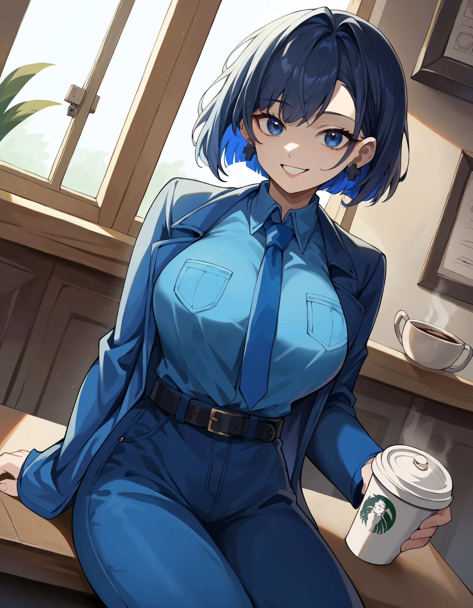 score_9, score_8_up, score_7_up,  source_Anime, ,  blue eyes,  blue hair,  black hair, bangs,  Big Breasts ,  short hair,   hair intake ,  colored inner hair ,,  ( 4th outfit ),  sigillette  , belt, black belt, Blue coat,  blue jacket , blue  ties, blue  pants,  blue shirt ,  blue sleeve , Blue vest, button, Lock, Lock earrings,  collared shirt ,  Long Sleeve ,  ties,  pants,, Cafe, coffee cup, Barista, Sitting, talking,  relax ,   sunlight through the window , smile,  is watching viewers,  turn your hands behind your head,, Alone,,  cowboy shot,  Dutch Angle