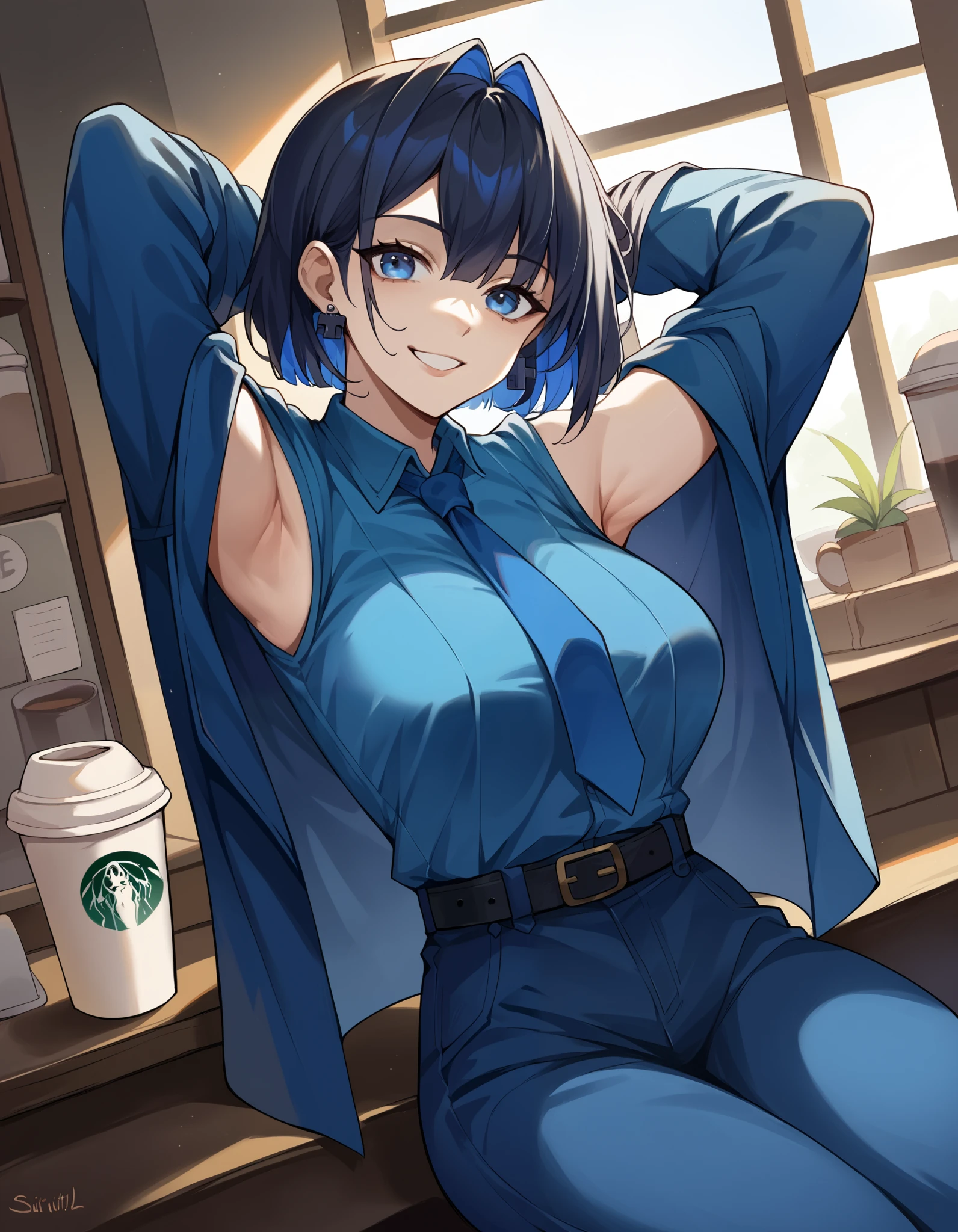 score_9, score_8_up, score_7_up,  source_Anime, ,  blue eyes,  blue hair,  black hair, bangs,  Big Breasts ,  short hair,   hair intake ,  colored inner hair ,,  ( 4th outfit ),  sigillette  , belt, black belt, Blue coat,  blue jacket , blue  ties, blue  pants,  blue shirt ,  blue sleeve , Blue vest, button, Lock, Lock earrings,  collared shirt ,  Long Sleeve ,  ties,  pants,, Cafe, coffee cup, Barista, Sitting, talking,  relax ,   sunlight through the window , smile,  is watching viewers,  turn your hands behind your head,, Alone,,  cowboy shot,  Dutch Angle、 and show your armpits