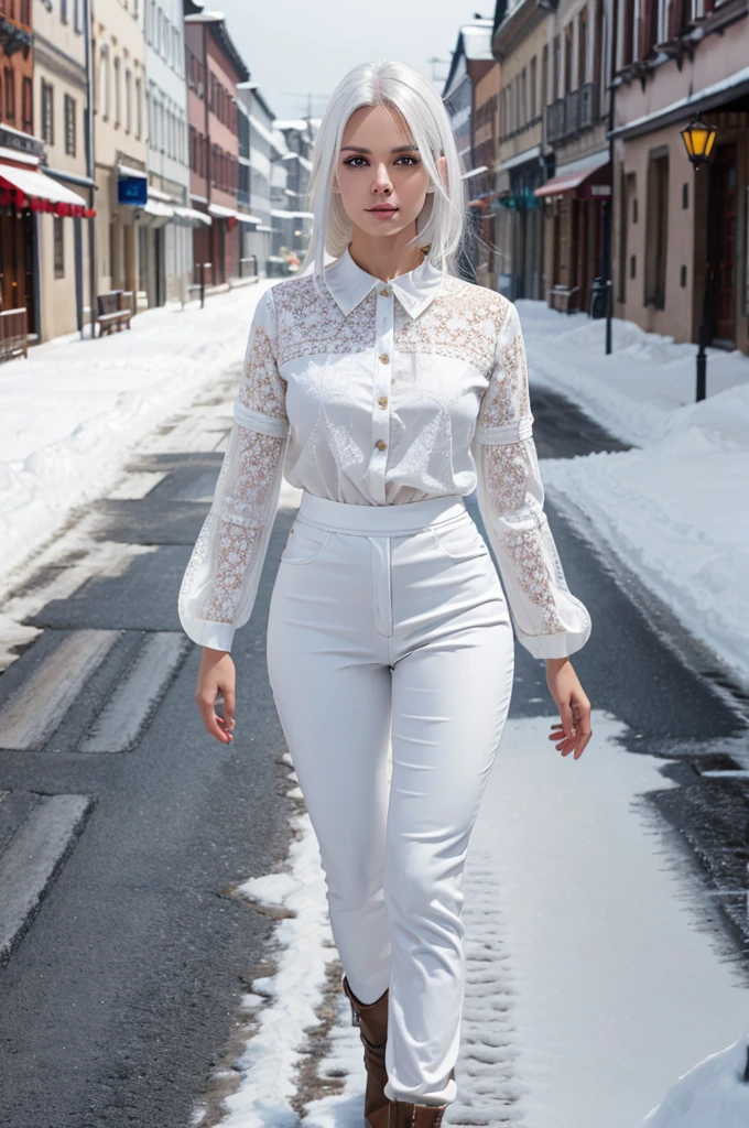 best quality, 8k, very delicate and beautiful, highly detailed face and skin texture, shiny skin, high resolution, sexy white hair european woman in white long sleeves shirt and brown pants walking in the town under the snow, sharp focus