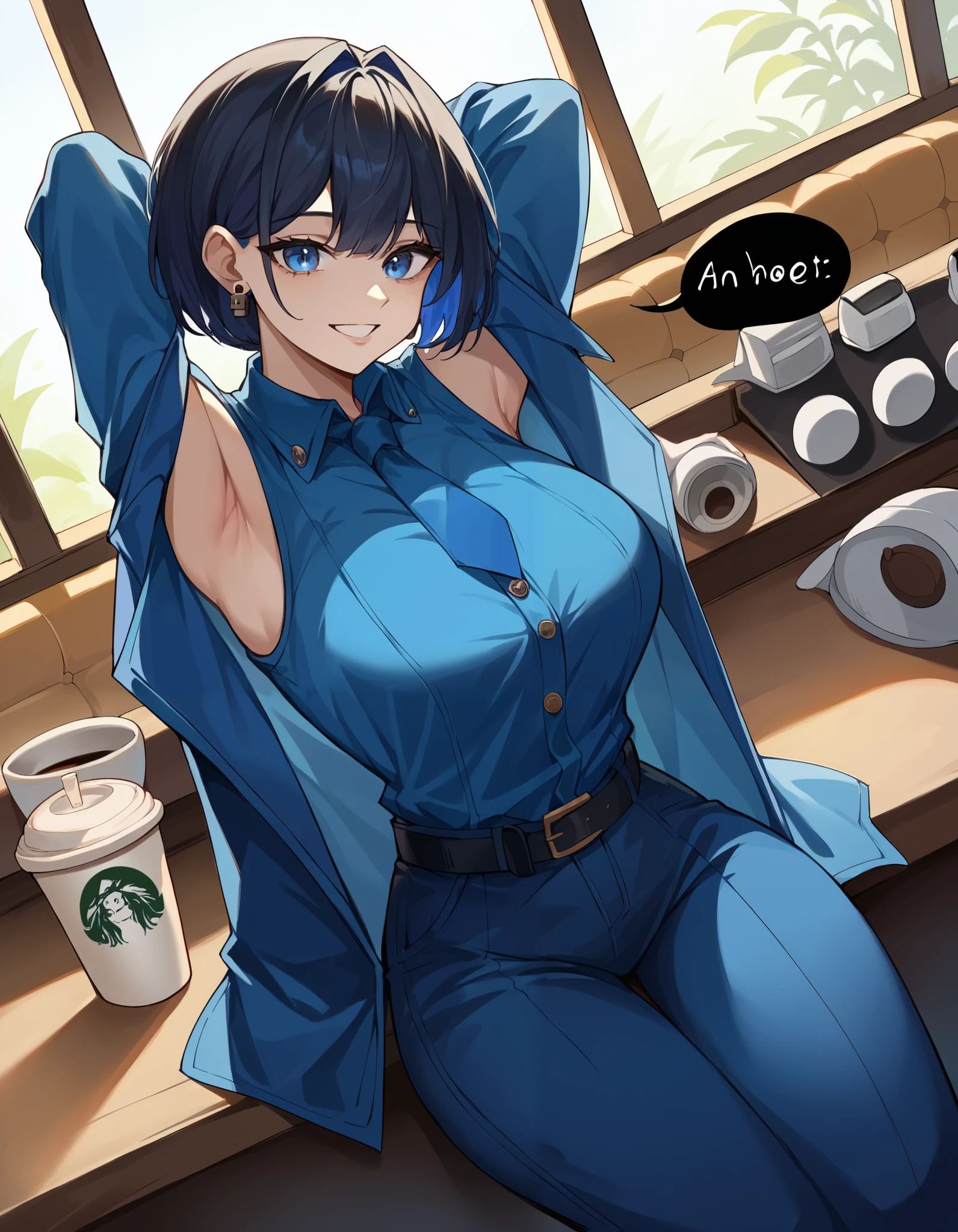 score_9, score_8_up, score_7_up,  source_Anime, ,  blue eyes,  blue hair,  black hair, bangs,  Big Breasts ,  short hair,   hair intake ,  colored inner hair ,,  ( 4th outfit ),  sigillette  , belt, black belt, Blue coat,  blue jacket , blue  ties, blue  pants,  blue shirt ,  blue sleeve , Blue vest, button, Lock, Lock earrings,  collared shirt ,  Long Sleeve ,  ties,  pants,, Cafe, coffee cup, Barista, Sitting, talking,  relax ,   sunlight through the window , smile,  is watching viewers,  turn your hands behind your head,, Alone,,  cowboy shot,  Dutch Angle、 and show your armpits