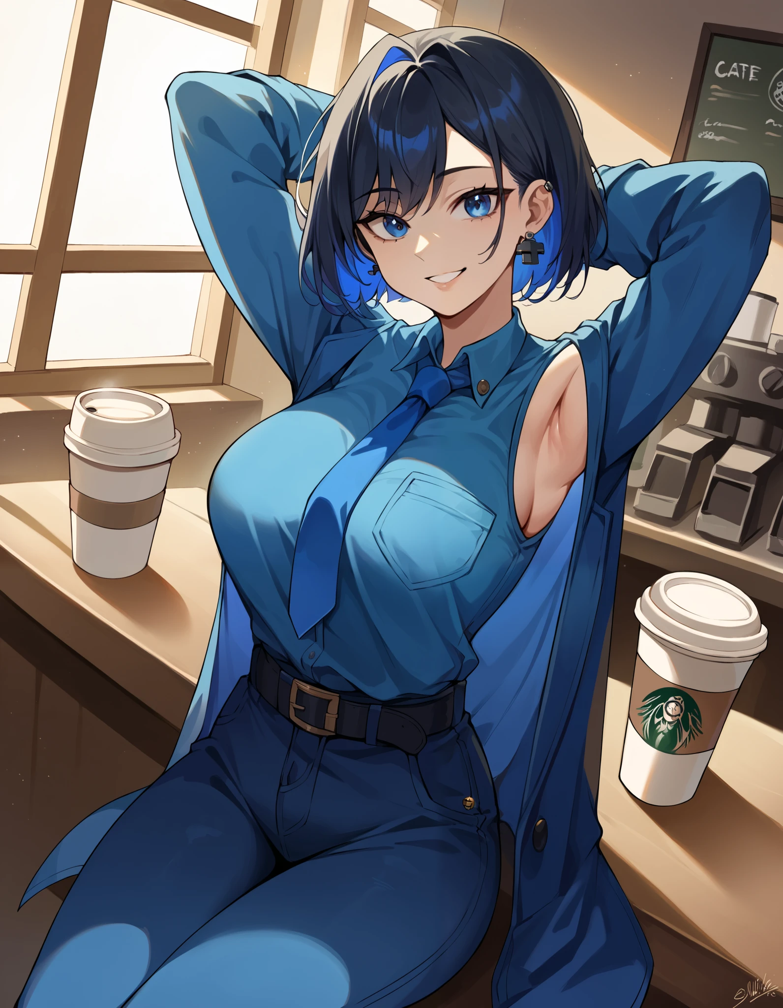 score_9, score_8_up, score_7_up,  source_Anime, ,  blue eyes,  blue hair,  black hair, bangs,  Big Breasts ,  short hair,   hair intake ,  colored inner hair ,,  ( 4th outfit ),  sigillette  , belt, black belt, Blue coat,  blue jacket , blue  ties, blue  pants,  blue shirt ,  blue sleeve , Blue vest, button, Lock, Lock earrings,  collared shirt ,  Long Sleeve ,  ties,  pants,, Cafe, coffee cup, Barista, Sitting, talking,  relax ,   sunlight through the window , smile,  is watching viewers,  turn your hands behind your head,, Alone,,  cowboy shot,  Dutch Angle、 and show your armpits