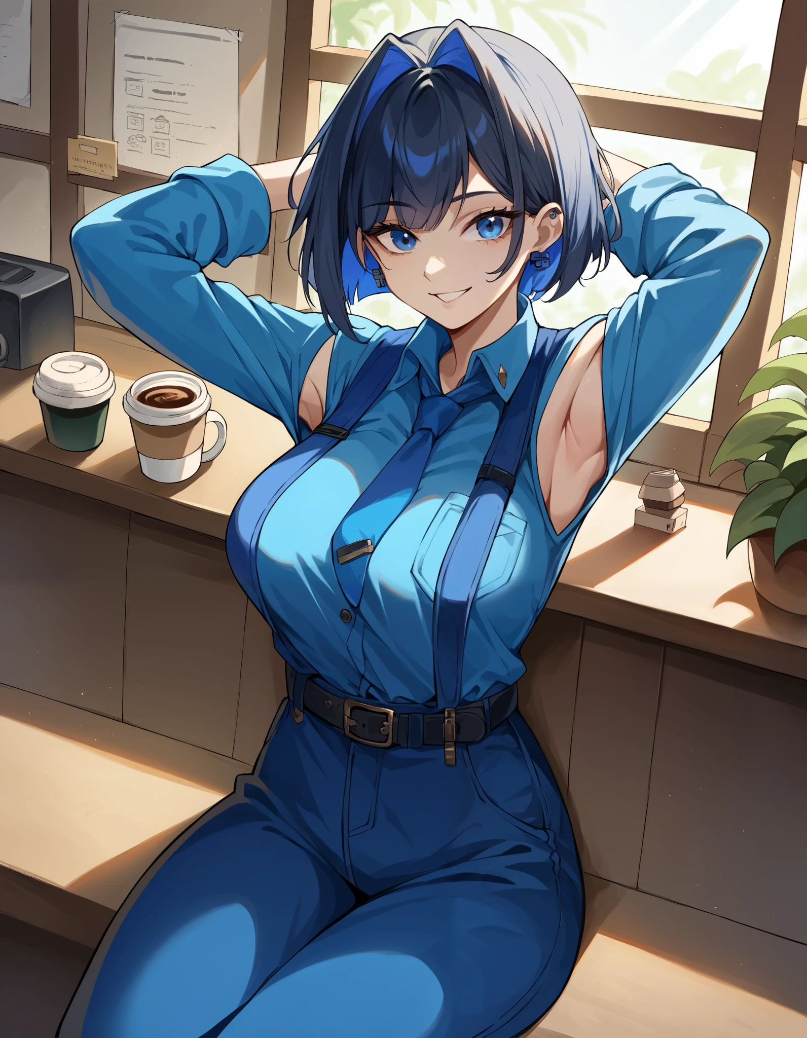 score_9, score_8_up, score_7_up,  source_Anime, ,  blue eyes,  blue hair,  black hair, bangs,  Big Breasts ,  short hair,   hair intake ,  colored inner hair ,,  ( 4th outfit ),  sigillette  , belt, black belt, Blue coat,  blue jacket , blue  ties, blue  pants,  blue shirt ,  blue sleeve , Blue vest, button, Lock, Lock earrings,  collared shirt ,  Long Sleeve ,  ties,  pants,, Cafe, coffee cup, Barista, Sitting, talking,  relax ,   sunlight through the window , smile,  is watching viewers,  turn your hands behind your head,, Alone,,  cowboy shot,  Dutch Angle、 and show your armpits