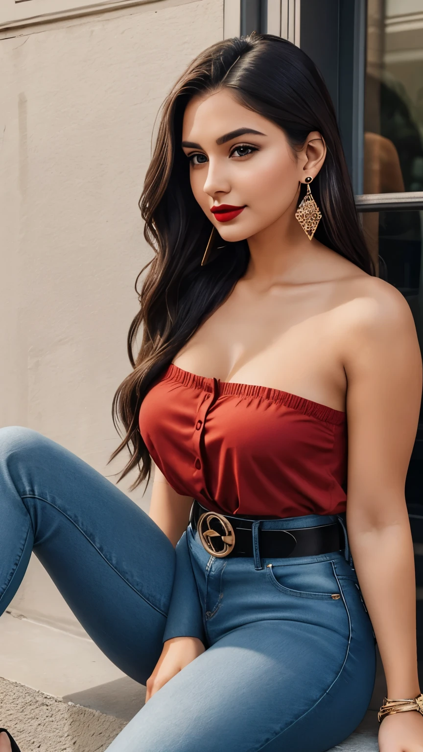 Italian girl 25 years old, beautiful, wonderful, in restaurant, real, very high resolution, 8k, sexy jeans, fabulous body, sensual, provocative, black heels, earrings, red lipstick, mouth slightly open, Gucci belt, people sitting, people, table , Paris restaurant, embroidered blouse t-shirt, elegant jacket