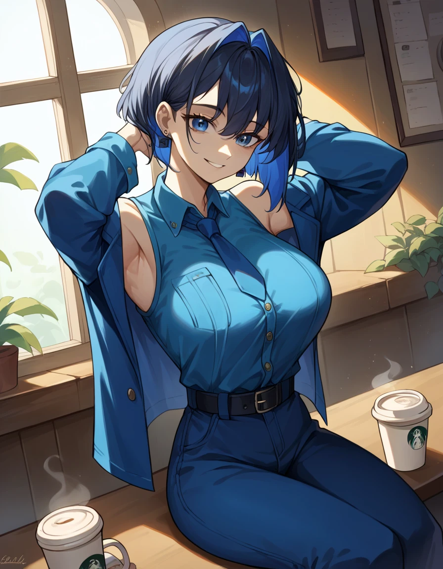 score_9, score_8_up, score_7_up,  source_Anime, ,  blue eyes,  blue hair,  black hair, bangs,  Big Breasts ,  short hair,   hair intake ,  colored inner hair ,,  ( 4th outfit ),  sigillette  , belt, black belt, Blue coat,  blue jacket , blue  ties, blue  pants,  blue shirt ,  blue sleeve , Blue vest, button, Lock, Lock earrings,  collared shirt ,  Long Sleeve ,  ties,  pants,, Cafe, coffee cup, Barista, Sitting, talking,  relax ,   sunlight through the window , smile,  is watching viewers,  turn your hands behind your head,, Alone,,  cowboy shot,  Dutch Angle、 and show your armpits、underwear