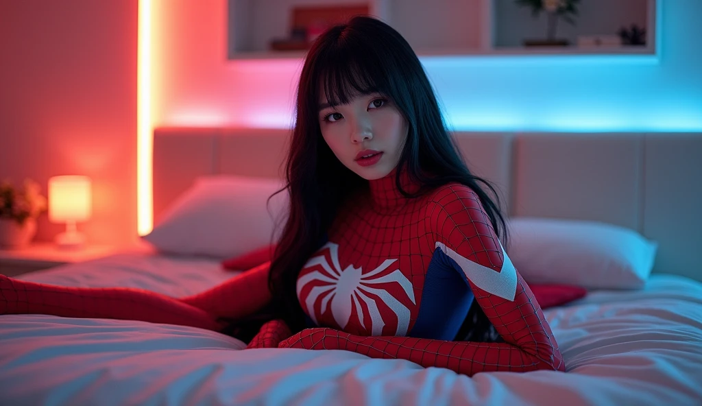 araffed woman in a spider - man costume posing on a couch, ( ( spiderwoman ) ), spider woman, spiderwoman!!, lara croft as spiderwoman, cosplayer, spiderwoman!!!!!, realistic cosplay, cosplay, anime girl cosplay, anime thai girl, sexy girl, anime cosplay, professional cosplay, wearing hero costume, spiderman, 2 2 years old