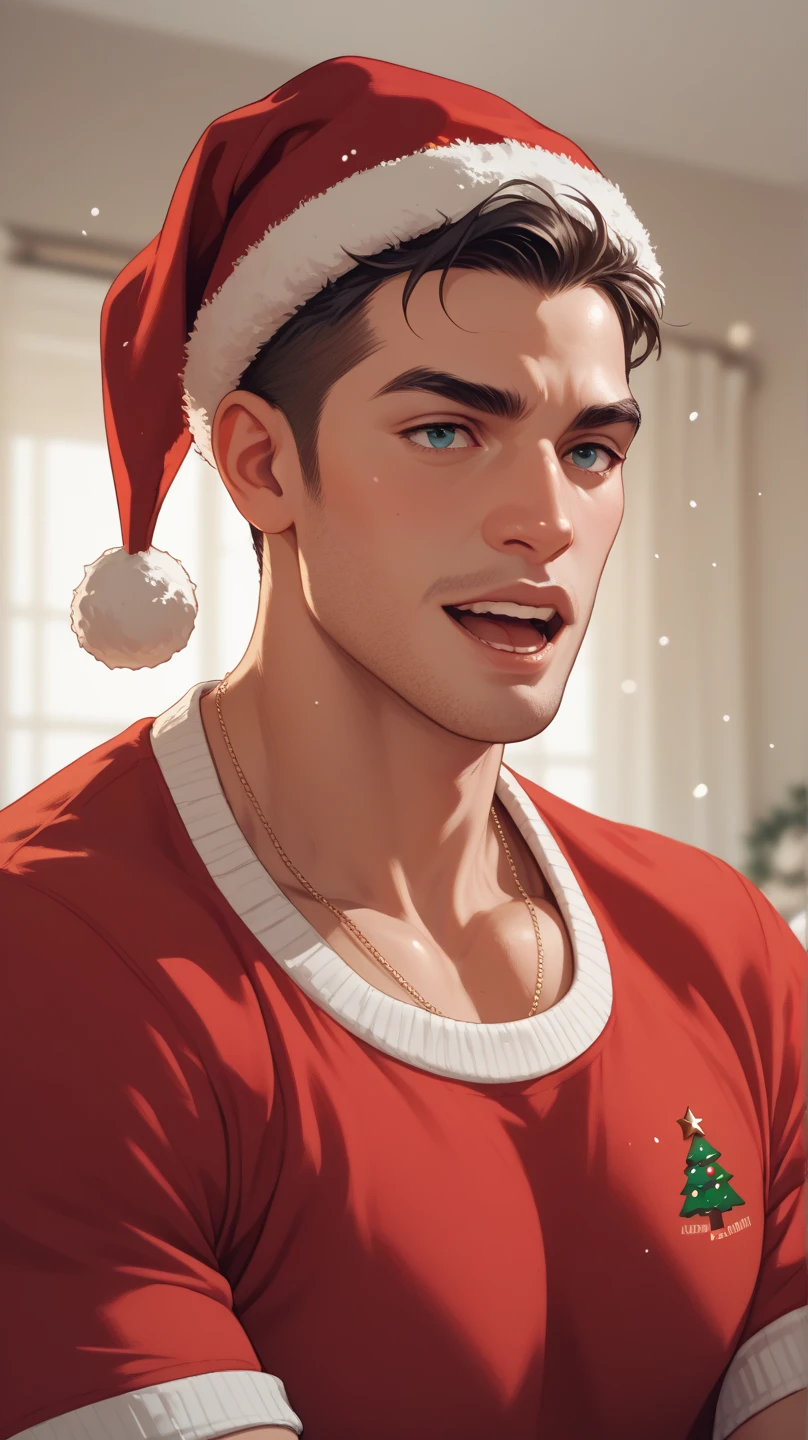 an avatar with a Christmas cap and a shirt in the colors of Guatemala reacting to a video 