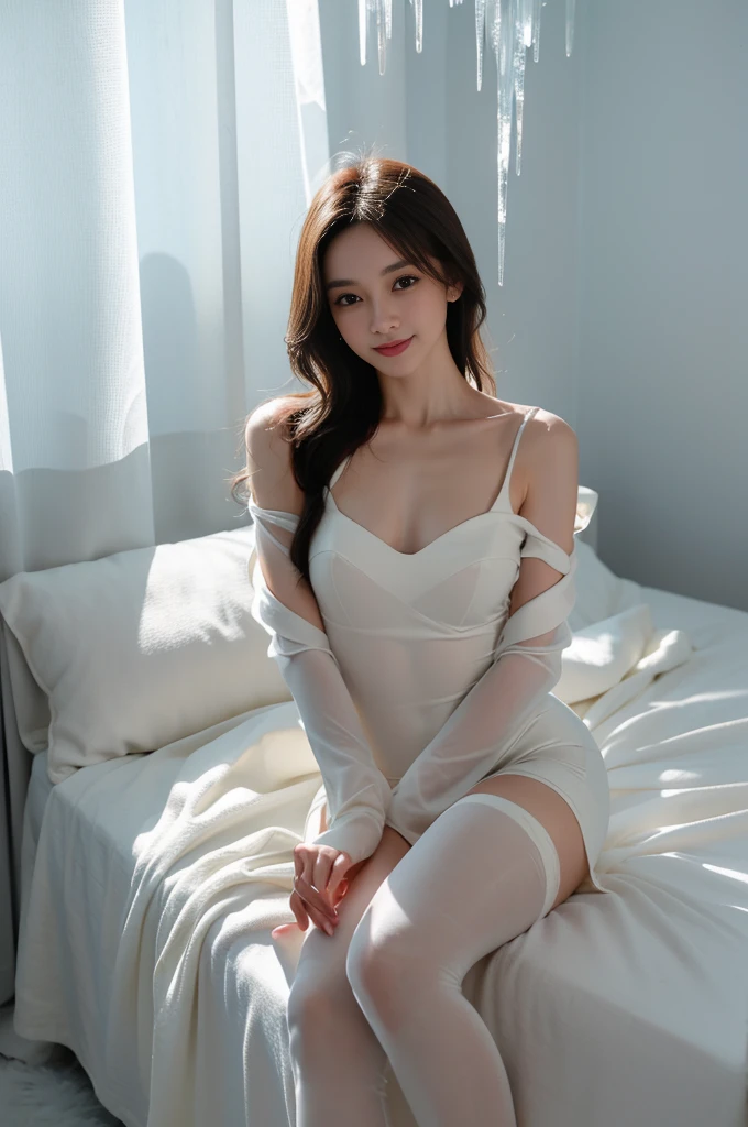 best quality, masterpiece, a shy nurse girl in a loose((nurse dress)), lace panties, armpit, sleeping((lying on the bed)), messy short hair, nose blush, white leg wear, black_thighhighs, spread legs, (solo), dynamic pose, legs apart, drunk, ((half-closed eyes)), mary_janes, ((unbuttoned clothes)), , slim legs, erotic, ((nsfw)),