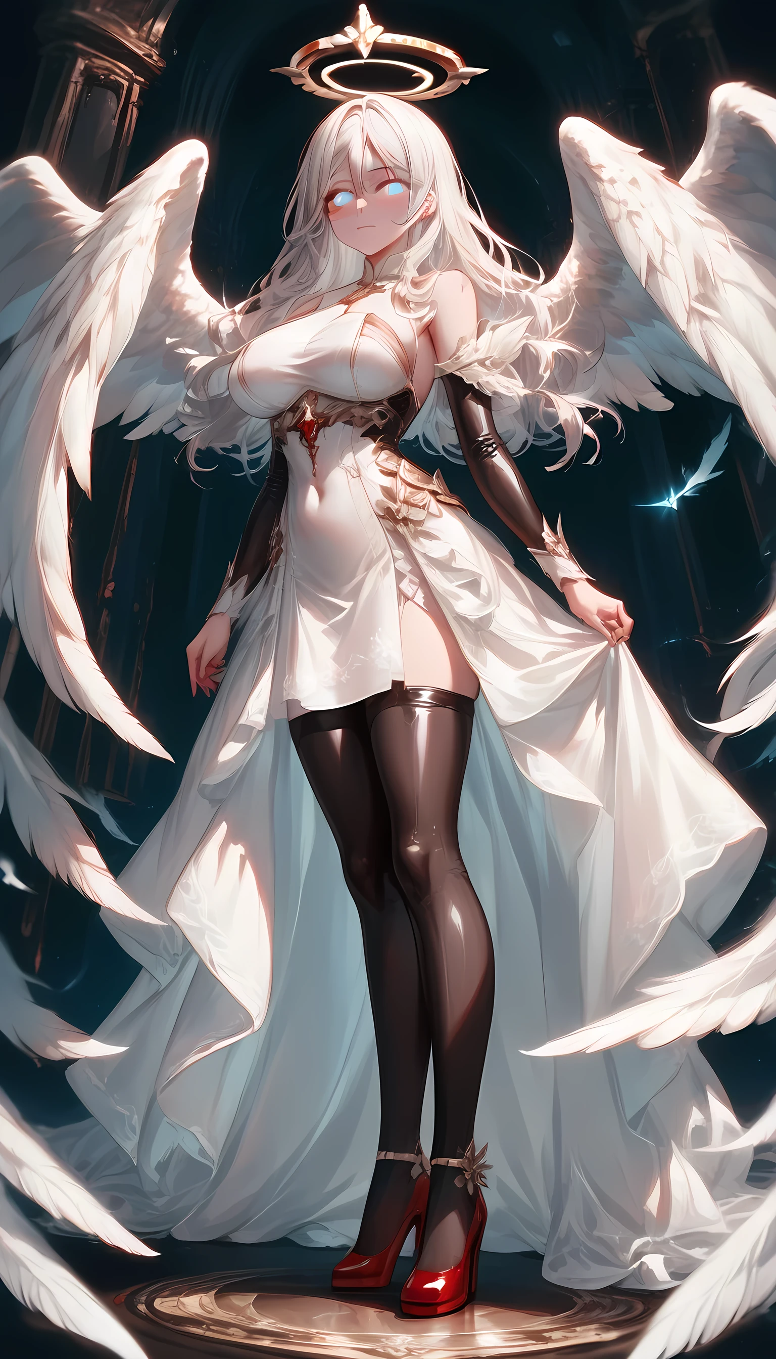 score_9, score_8_up, score_7_up, score_6_up, score_5_up, score_4_up, a picture of magnificent  female angel, busty long hair, dynamic hair color, long hair, wavy hair, shining blue eyes, white wings, wearing intricate elegant black leather dress, wearing ((red high heels: 1.5)), wings have angel wings angel, pale skin, angel wings, wings, white wings, white hair, white eyes, glowing eyes, white dress with golden pattern, Halo, fantasy,  black latex corsage, black stockings,