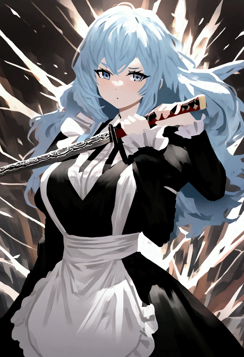 Long hair, fluffy blue hair with white stripes, blue eyes, wearing a maid outfit with big breasts holding a katana.