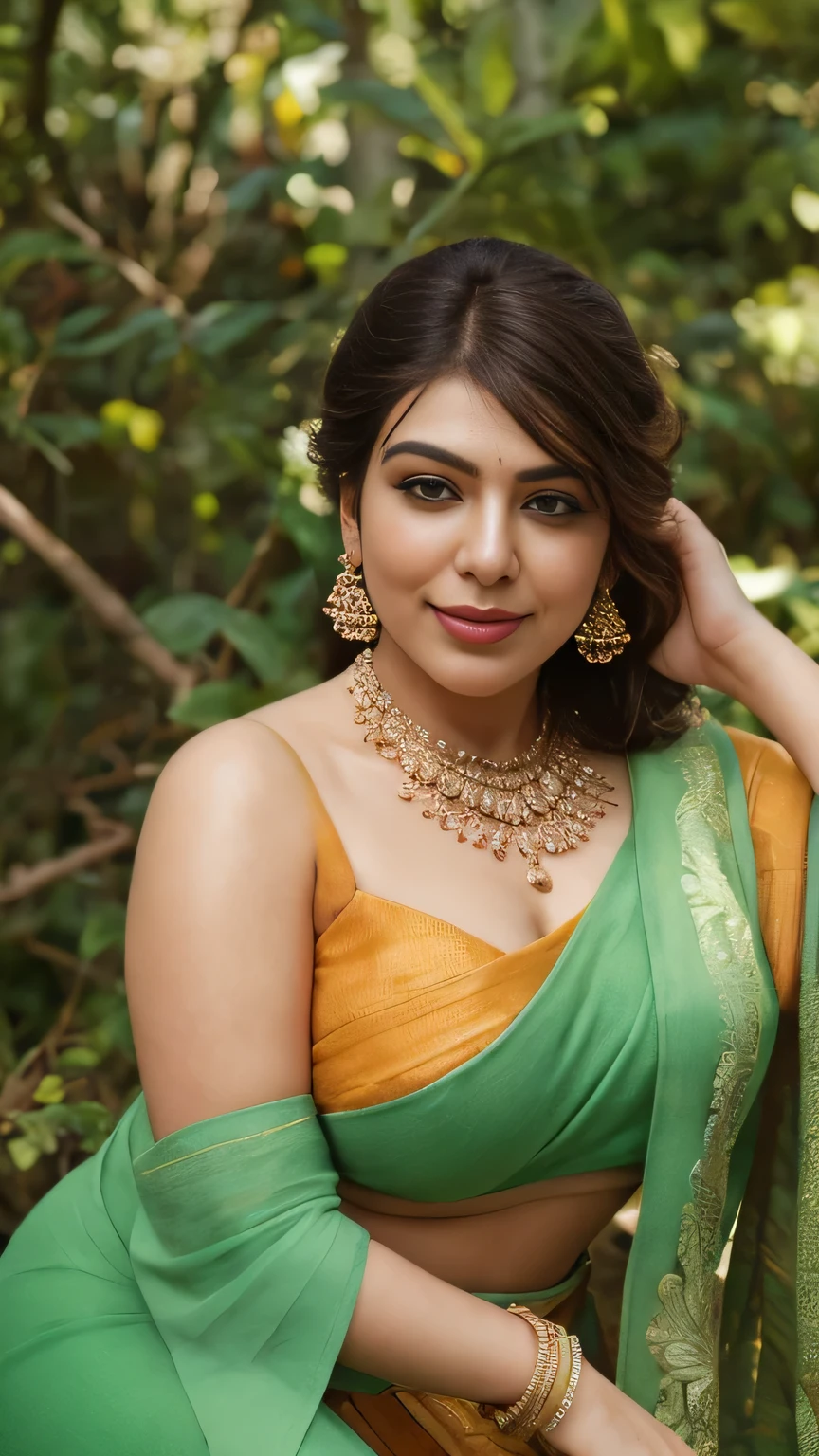 Create a portrait of a bold and confident Hansika motwani with a curvy figure, in daytime view, close up shot of top view, wearing green saree, hand behind head, sit ground, looking to viewers, smile, forest background, big and curvy cheeks, hourglass figure, sexy navel, swooping breasts, ponytail, black hair, necklace, (cinematic:1.3) , intricate details, (ArtStation:1.2),curvy figure, beautiful face, details eyes, details face, no extra hand or legs, different angle, proper picture, beautiful face, details eyes, perfect figure