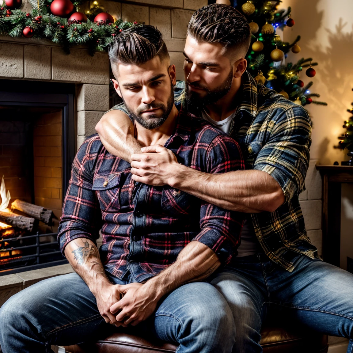 Two men style lumberjack, burly, cap, plaid shirt and safari pants, safari boots, passionately. Posing for the camera, looking at the camera, one of them from behind hugging over his shoulder, smiling, in a rustic farm kitchen, sunset entering only through the window, ambient lighting, photorealism