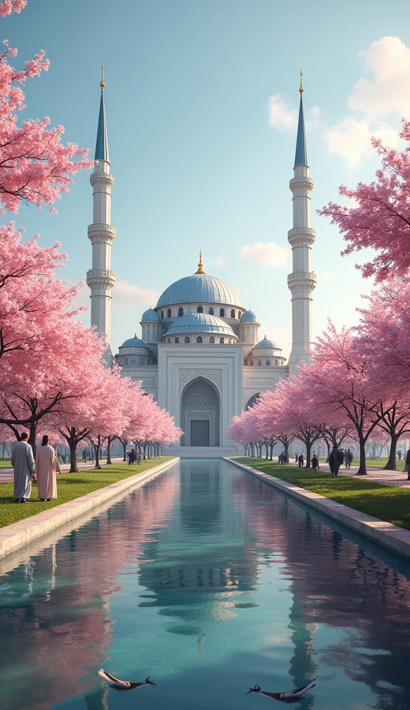 generate an image of destination wedding with a beautiful white and gold mosque with mountains behind and cherry blossom trees followed by a beautiful sky