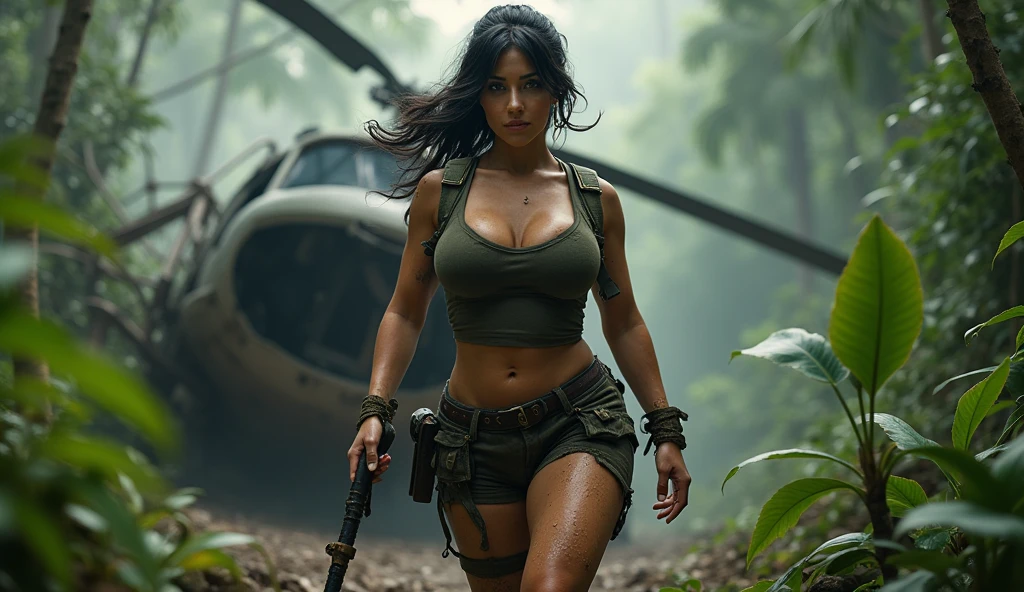 Sunrise scene, full body of SEXIEST 45YO MILF AISHWARYA RAI, army lady with guns, sweat on body, sweaty cleavage, MEDIUM breasts, mature milf thick curvy figure, posing in forest, wearing camouflage hotpants and bikini top, knee high boots, wet hair, sexy jawline, seductive face, look at camera and winking, black ponytail hair, erotic adult face, 45yo, soft volumetric lights, (backlit:1.3), intricate details, (ArtStation:1.2)