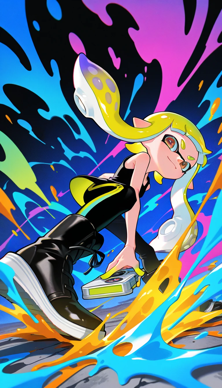 ultra-detailed 3D illustration of inkling girl from splatoon, solo, orange hair, green eyes, rock-inspired fashion, black leathered jacket, black boots, dynamic pose, She playing the guiter. iridescent ink splash effects, depth of field, masterpiece, best quality, beautiful illustration, very aesthetic art, perfect anatomy, perfect hand