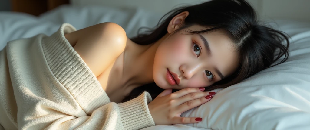 ((Best Quality, 8K, Masterpiece: 1.4)), Hotel Room, Realistic Lighting, (Photorealistic: 1.4)), Raw Photo, (Real Skin Texture: 1.4), (Detailed Skin: 1.4), Detailed Eyes: 1.4, Super Definition Photos, 1 Girl, Japan Idols, Cute Face, Has Bangs, ((Brown Hair, Middle Breast: 1.3)), Very Long Hair, Spread Sideways, Moisturized Skin, ( Knitted white off-shoulder), white thin panties, (lying on bed), (sleeping on your back), (closing eyes), (front view), shoulders bare, arms bare, sleeveless, chest out, arching, face up, upper body, face focus, face up, face open, (straight ahead), vertical shooting