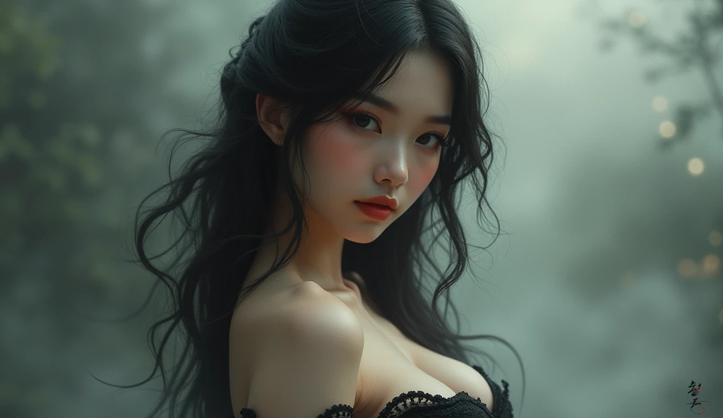 Create an Asian, 180cm tall, slightly muscular but thin body, long hair,blackw, wavy and neck-length, small, slanted eyes, slightly large nose with high bridge and thick eyebrows.