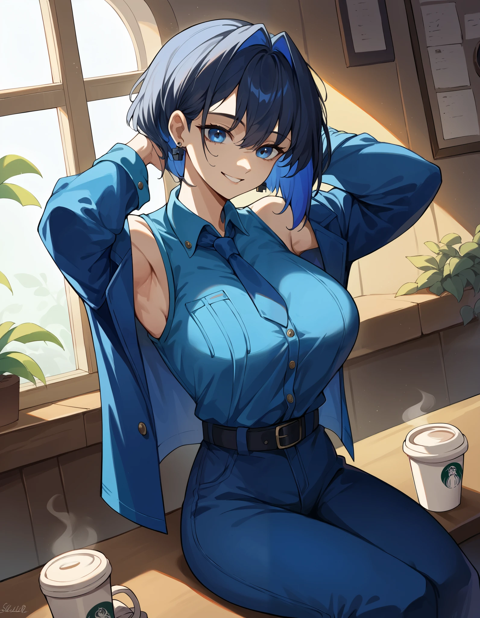 score_9, score_8_up, score_7_up,  source_Anime, ,  blue eyes,  blue hair,  black hair, bangs,  Big Breasts ,  short hair,   hair intake ,  colored inner hair ,,  ( 4th outfit ),  sigillette  , belt, black belt, Blue coat,  blue jacket , blue  ties, blue  pants,  blue shirt ,  blue sleeve , Blue vest, button, Lock, Lock earrings,  collared shirt ,  Long Sleeve ,  ties,  pants,, Cafe, coffee cup, Barista, Sitting, talking,  relax ,   sunlight through the window , smile,  is watching viewers,  turn your hands behind your head,, Alone,,  cowboy shot,  Dutch Angle、 and show your armpits、underwear