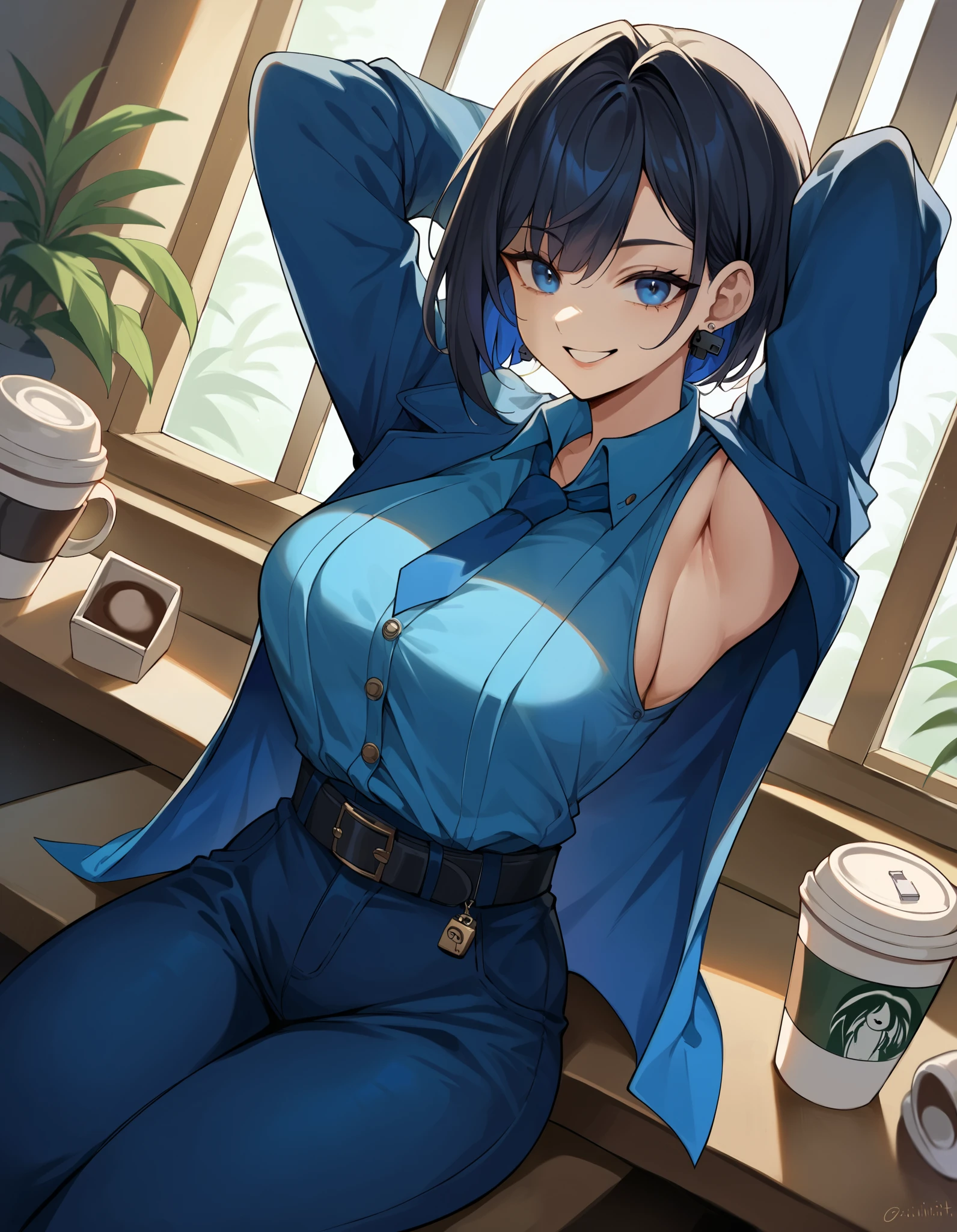 score_9, score_8_up, score_7_up,  source_Anime, ,  blue eyes,  blue hair,  black hair, bangs,  Big Breasts ,  short hair,   hair intake ,  colored inner hair ,,  ( 4th outfit ),  sigillette  , belt, black belt, Blue coat,  blue jacket , blue  ties, blue  pants,  blue shirt ,  blue sleeve , Blue vest, button, Lock, Lock earrings,  collared shirt ,  Long Sleeve ,  ties,  pants,, Cafe, coffee cup, Barista, Sitting, talking,  relax ,   sunlight through the window , smile,  is watching viewers,  turn your hands behind your head,, Alone,,  cowboy shot,  Dutch Angle、 and show your armpits、underwear