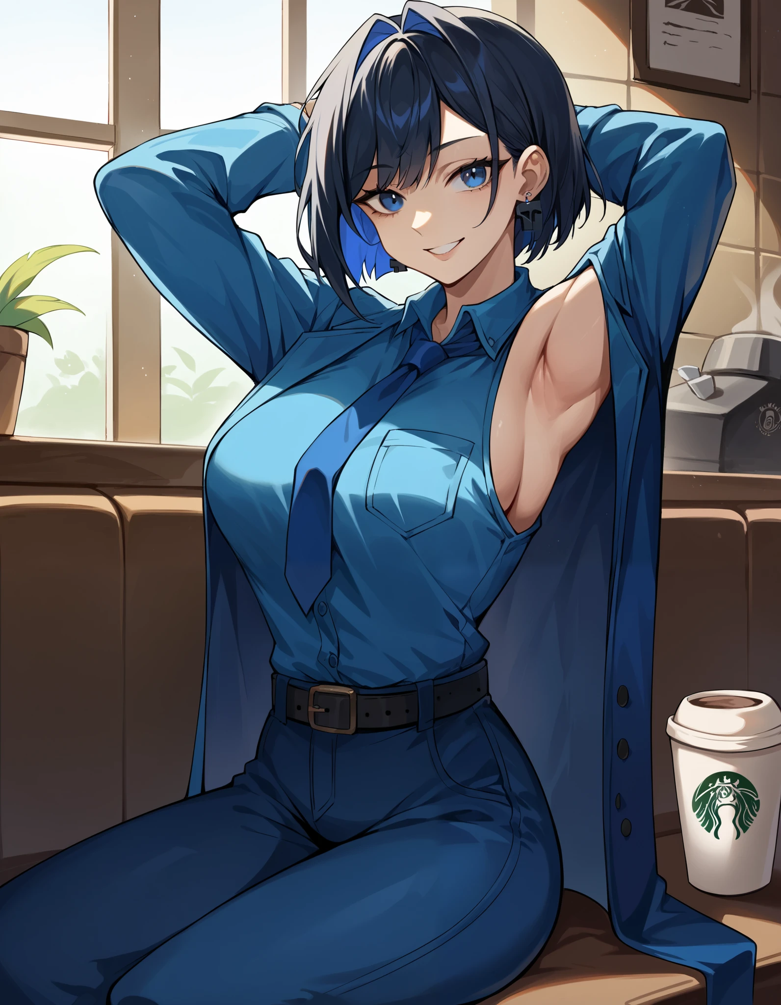 score_9, score_8_up, score_7_up,  source_Anime, ,  blue eyes,  blue hair,  black hair, bangs,  Big Breasts ,  short hair,   hair intake ,  colored inner hair ,,  ( 4th outfit ),  sigillette  , belt, black belt, Blue coat,  blue jacket , blue  ties, blue  pants,  blue shirt ,  blue sleeve , Blue vest, button, Lock, Lock earrings,  collared shirt ,  Long Sleeve ,  ties,  pants,, Cafe, coffee cup, Barista, Sitting, talking,  relax ,   sunlight through the window , smile,  is watching viewers,  turn your hands behind your head,, Alone,,  cowboy shot,  Dutch Angle、 and show your armpits、underwear