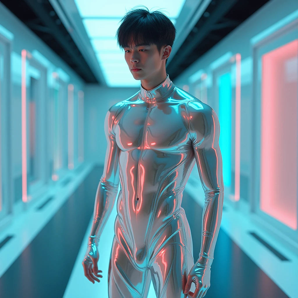 nsfw, best quality, masterpiece, highly detailed, cyberpunk art style, male, man, extremely attractive korean man, nude, muscular build, short middle parting hair, one robotic cybernetic arm, suspended in fluid, inside glass canister, erect cock, multicolored neon ambient lighting, dramatic shadows, perfect face, perfect hand, perfection