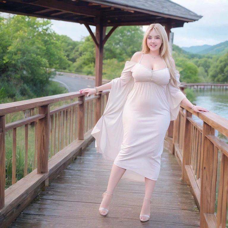 ((((Bbw)))) a woman in a dress and heels standing on a wooden bridge, long hair, smile, blonde hair, outdoors, high heels, bracelet, lips, fashion