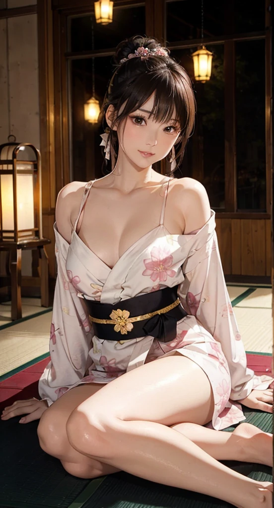 Prompt:
“A stunning young woman wearing a mini yukata with a modern, alluring design. The yukata is made of soft, silky fabric with a vibrant floral pattern in shades of pink and white, contrasting beautifully against a black background. The hemline is short, revealing her toned thighs, while the neckline is loosely tied, giving a subtle glimpse of her collarbone and upper chest. She has an elegant obi belt tied at the back, accentuating her slender waist. Her hair is styled in a loose bun with a few soft strands framing her face, adorned with a delicate flower hairpin. She is barefoot, sitting on a tatami mat with one leg slightly bent, exuding a mix of charm and playfulness. The warm glow of traditional lanterns softly illuminates the setting, highlighting her flawless skin and shy, inviting expression.”