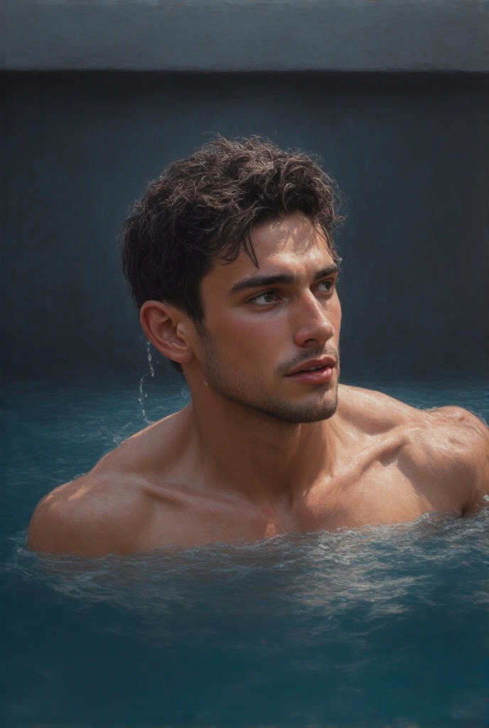 A handsome muscular man in the pool, looking out the window, water dripping down his face, soft oil painting midjourney style, dark lighting, high contrast, dramatic lighting, close up showing head to torso, realistic swimming pool at night with bokeh lighting in the background, light shining on his face and hair, 